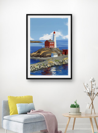 海景素材小岛上的灯塔风景装饰画模板