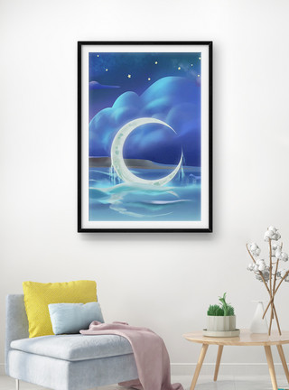 海面月亮月亮夜景装饰画模板