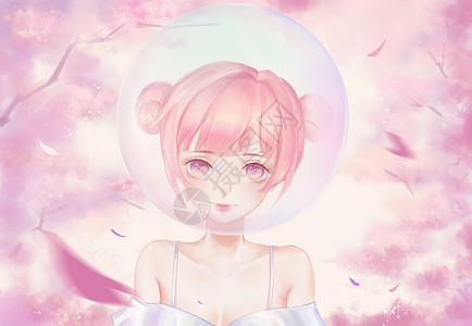 日系樱花瓶中世界-泳衣少女的浪漫插画