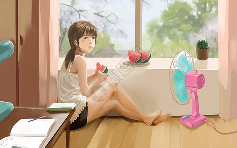 吃西瓜的少女背景图片