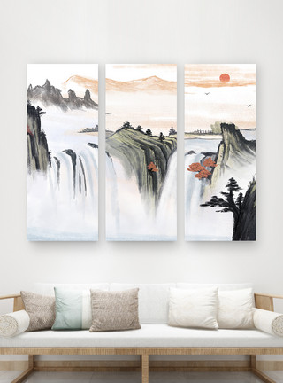 三叠瀑布中国风山水画三联无框装饰画模板