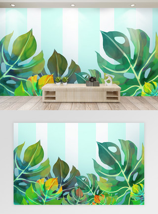 艳丽图片植物手绘绿色文艺背景墙模板