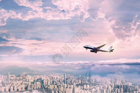 飞机城市背景夕阳高清图片素材