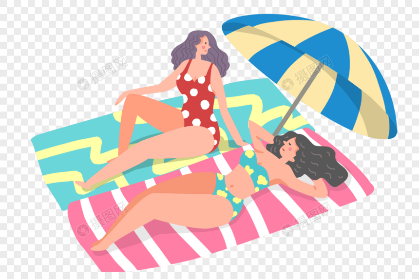 手绘卡通夏季度假日光浴的女人们图片