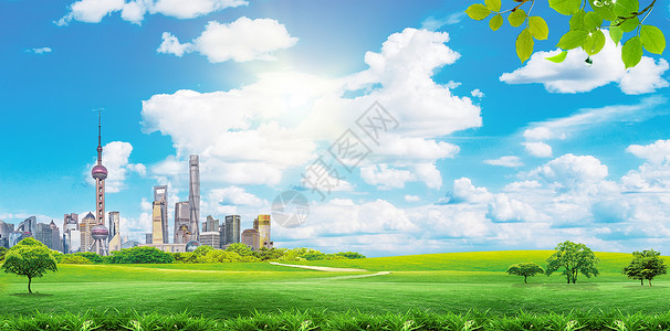 上海南汇天空草地城市背景设计图片