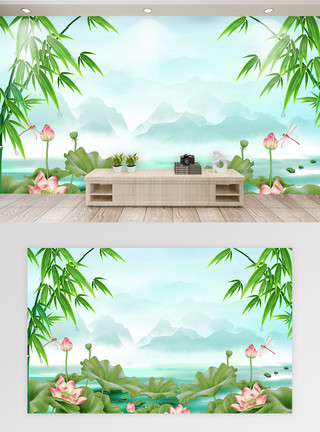 扇面画新中式家和富贵竹子山水情壁画电视背景墙模板