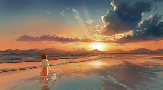 夕阳花夏日海边的黄昏插画