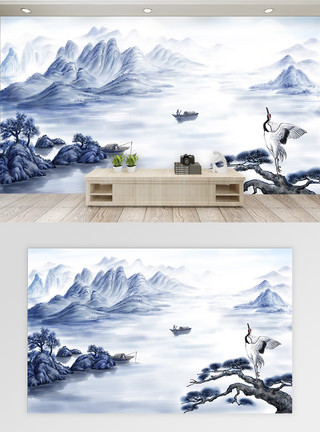 中国风水墨仙鹤背景墙中国风水墨山水背景墙模板