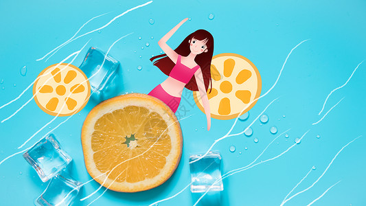 甜橙味夏日清新蓝色背景水果橙子插画