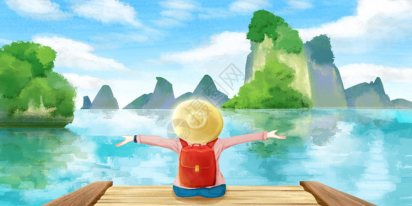 绿色湖水暑假旅行插画