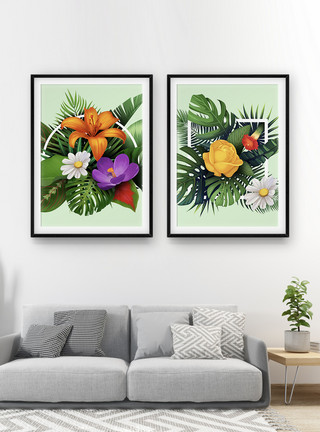 夏日绽放的花朵绿色清新花卉植物二联框装饰画模板