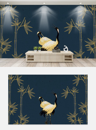 中国风仙鹤背景墙中国风金色仙鹤背景墙模板