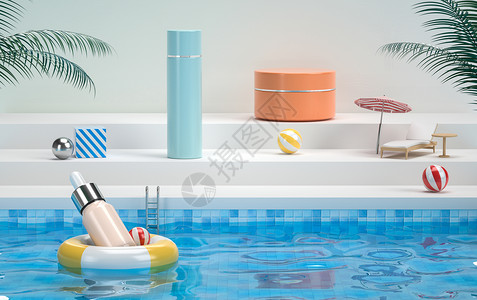 泳池戏水夏日化妆品促销场景设计图片