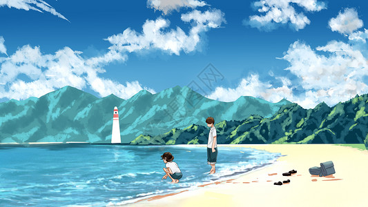 玩水的人夏日海边玩水插画