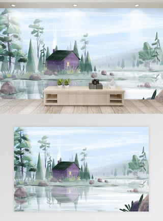 温暖小屋湖边小屋风景背景墙模板