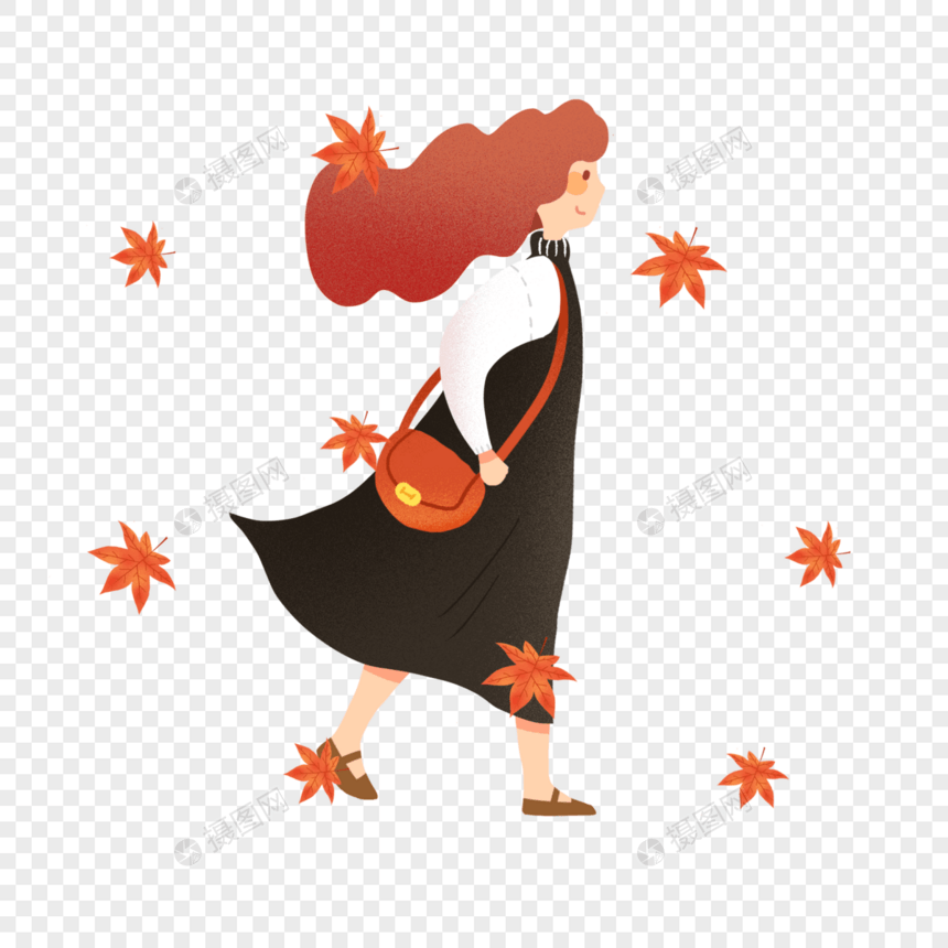 在秋风中行走的女青年图片