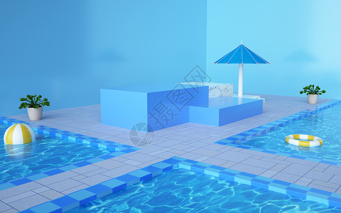 蓝色泳池展台背景背景图片