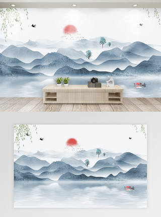 东方明珠电视中式水墨山水画背景墙模板