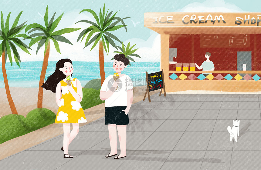 夏日海边度假吃冰激凌图片