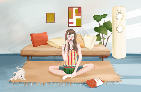 沙发休闲夏天吃西瓜插画