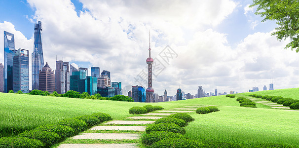 草地城市背景上海高清图片素材