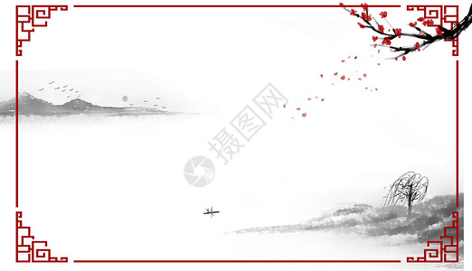 黑白素材梅花中国风边框背景设计图片