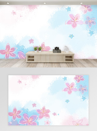 卧室粉色简约清新花卉背景墙模板