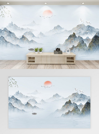 桂林山水画中国风水墨山水背景墙模板