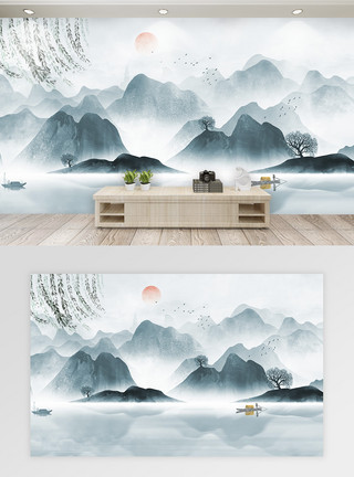 水彩画花意境山水水墨中国风背景墙模板