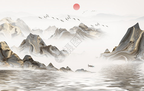 人体艺术背景墙中国风山水画插画