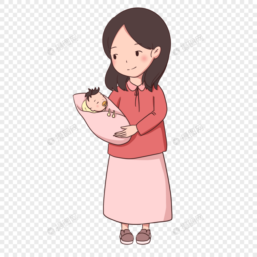卡通年轻妈妈抱着孩子图片