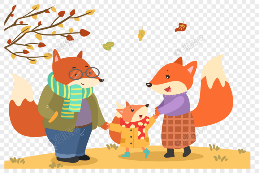 手绘卡通秋天的狐狸一家图片