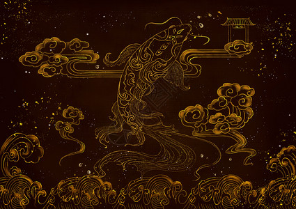 工笔素材背景烫金鲤鱼中国风插画