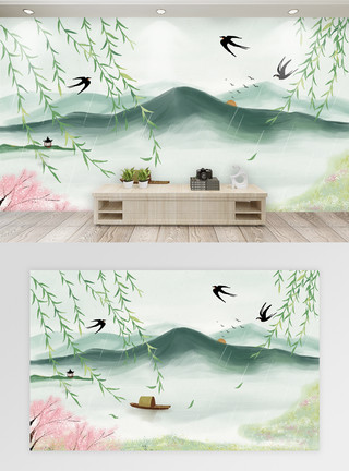 草地山水素材唯美中国风山水风景背景墙模板