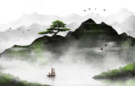 飞鸟装饰中国风山水画插画