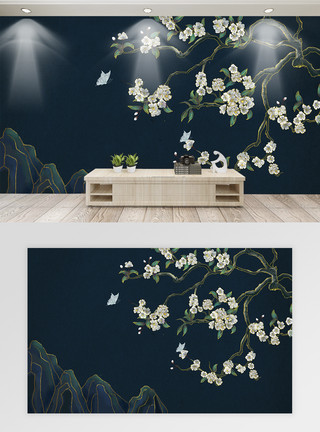 山壁纸中国风深色系花枝背景墙模板