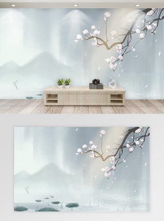 手绘白玉兰花中国风手绘玉兰花背景墙模板