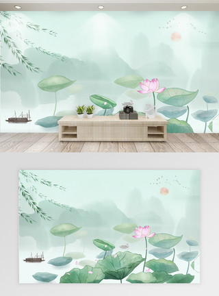 装饰风景中国风水彩荷花背景墙模板