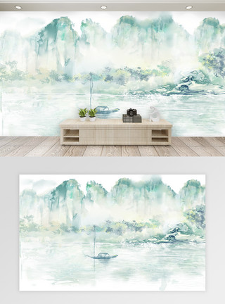 水彩风景背景唯美中国风山水风景背景墙模板