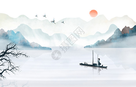 飞鸟装饰中国风山水画插画