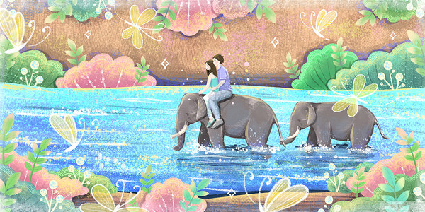 泰国签证泰国旅行骑大象的情侣插画