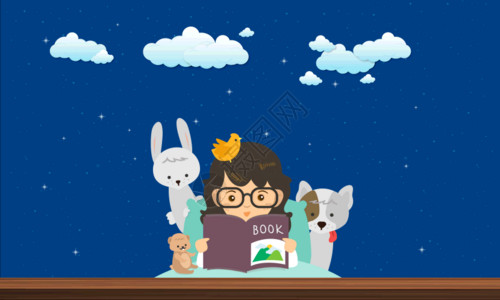 动物矢量插画深夜读书的女孩gif动图高清图片
