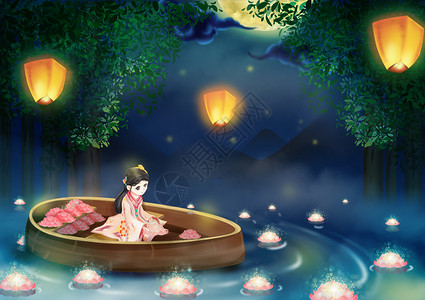 中元节夜晚女孩乘船放花灯插画图片