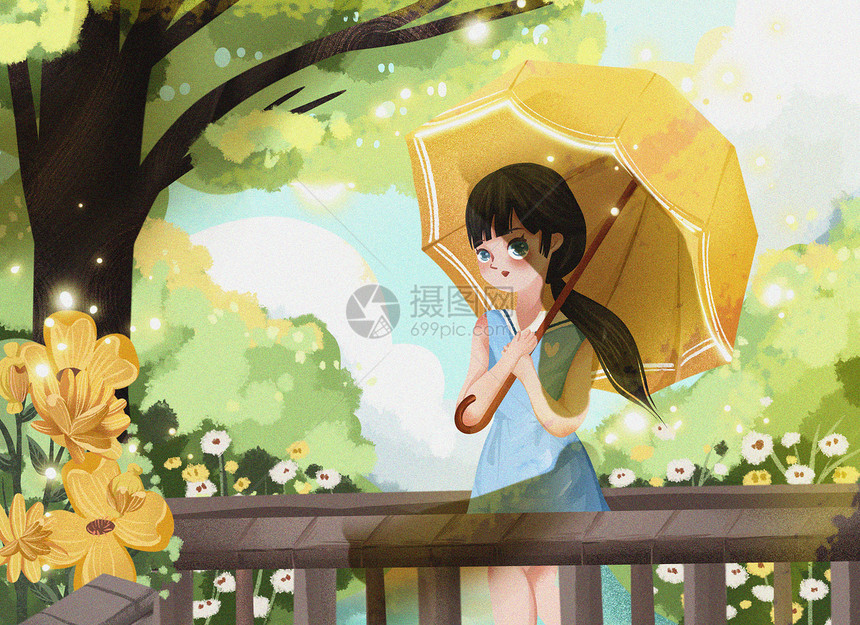 夏季女孩在阳光下散步温馨可爱插画图片