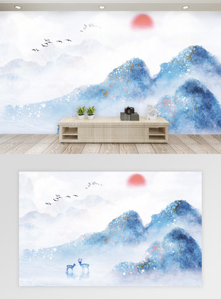 唯美边框中国风山水客厅背景墙模板
