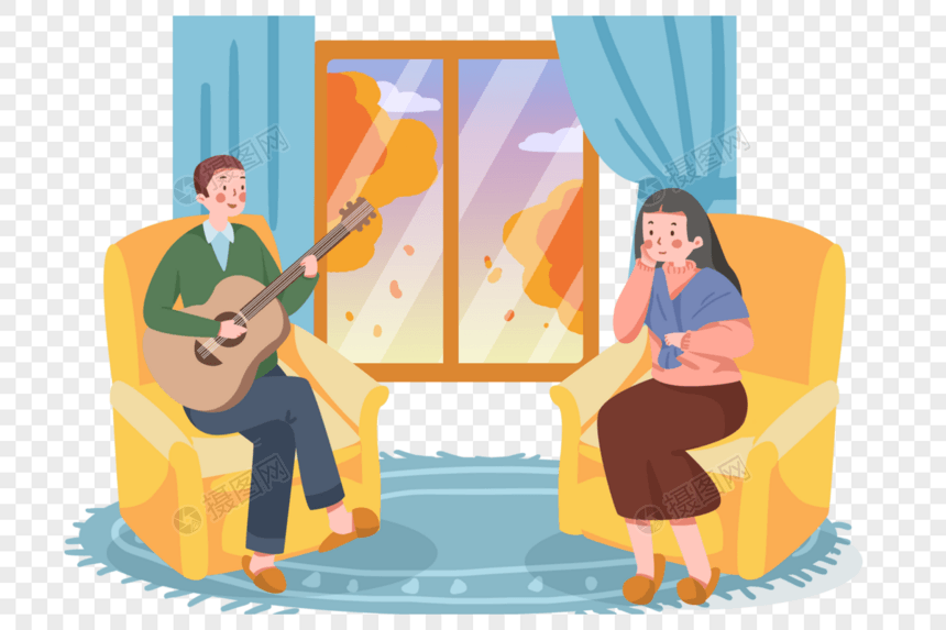手绘秋季在屋里沙发弹吉他的人们图片