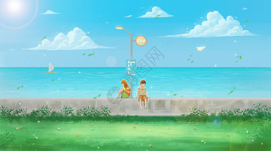 夏海边夏日海边的情侣插画