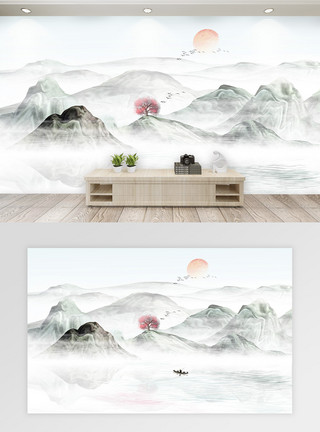 夕阳船中国风山水背景墙模板