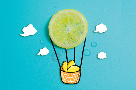 降落伞热气球创意水果柠檬热气球插画
