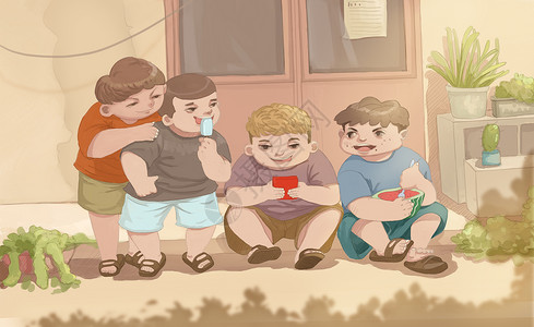 童年暑假三个孩子吃西瓜高清图片